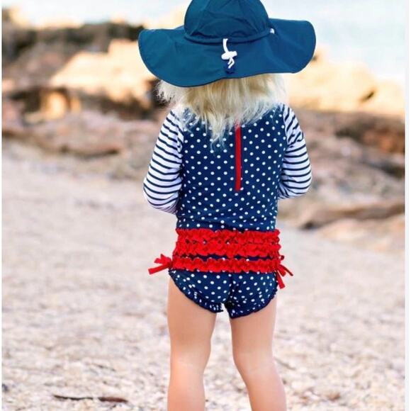 Ruffle Butts Baby Girl's One Piece Swimsuit Size 6-12 Month Navy Red Stripes - Picture 1 of 7